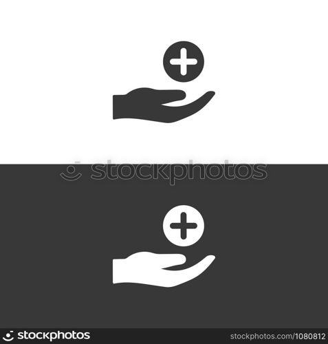 Hand with pharmacy cross. Flat icon. Isolated medicine vector illustration