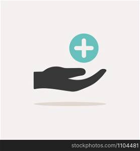 Hand with pharmacy cross. Icon with shadow on a beige background. Pharmacy flat vector illustration