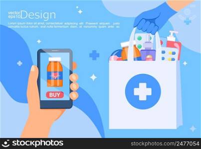 Hand with phone for online order of medicines.Bag with pills,bottles,antibiotics.Online pharmacy with home delivery service-drugs, prescription medicines order.Vector for web,banners,flyers.. Hand with phone for online order of medicines.