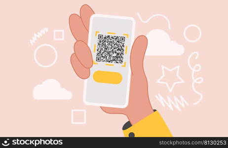Hand with phone qr code and technology digital mobile business. Scan application smartphone vector illustration and communication internet. Datum scanning and identification binary online reader