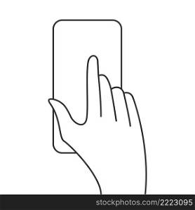 Hand with phone, smartphone index finger. Single tap flat icon, touch and hand gestures, mobile interface. Flat line vector illustration isolated on white background.. Hand with phone, smartphone index finger. Flat line vector illustration isolated on white