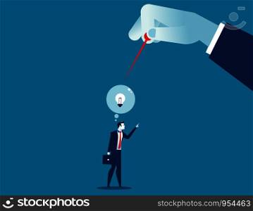 Hand with pin about to burst balloon with ideas. Concept business illustration. Vector flat