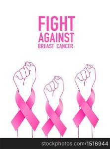 Hand with pink ribbon. Fight against breast cancer concept. Breast cancer awareness month banner. design for poster, banner, t-shirt. Illustration isolated on white background.
