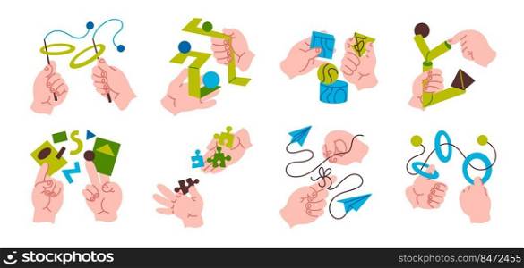 Hand with puzzles. Cartoon teamwork concept with human hands holding and working with abstract geometric objects. Vector data analytics and problem solving concept abstract creative activities person. Hand with puzzles. Cartoon teamwork concept with human hands holding and working with abstract geometric objects. Vector data analytics and problem solving concept