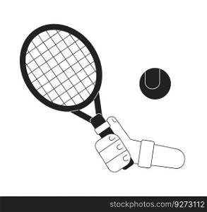Hand with racket hitting tennis ball monochromatic flat vector first view hand. Tennis sports equipment. Editable thin line closeup pov on white. Simple bw cartoon spot image for web graphic design. Hand with racket hitting tennis ball monochromatic flat vector first view hand