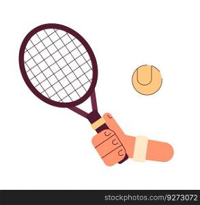 Hand with racket hitting tennis ball semi flat colorful vector first view hand. Tennis sports equipment. Editable closeup pov on white. Simple cartoon spot illustration for web graphic design. Hand with racket hitting tennis ball semi flat colorful vector first view hand