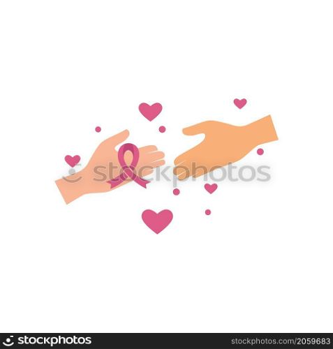 Hand with ribbon Breast cancer awareness illustration flat design