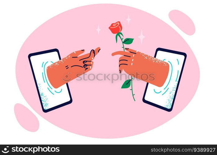 Hand with rose in tablet display metaphor for digital gift and romantic messaging via internet app. Concept of chatting on sites for dating and sending gift in cyberspace or internet flirting. Hand with rose in tablet display metaphor for digital gift and romantic messaging via internet app