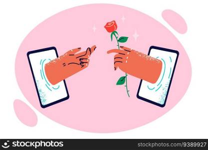 Hand with rose in tablet display metaphor for digital gift and romantic messaging via internet app. Concept of chatting on sites for dating and sending gift in cyberspace or internet flirting. Hand with rose in tablet display metaphor for digital gift and romantic messaging via internet app