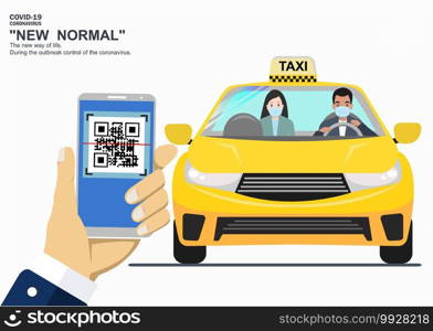 Hand with scanning QR code. Access the location during the outbreak control period of Covid-19. Using a taxi All people must register their identity By the follow-up platform. is New normal of life. 