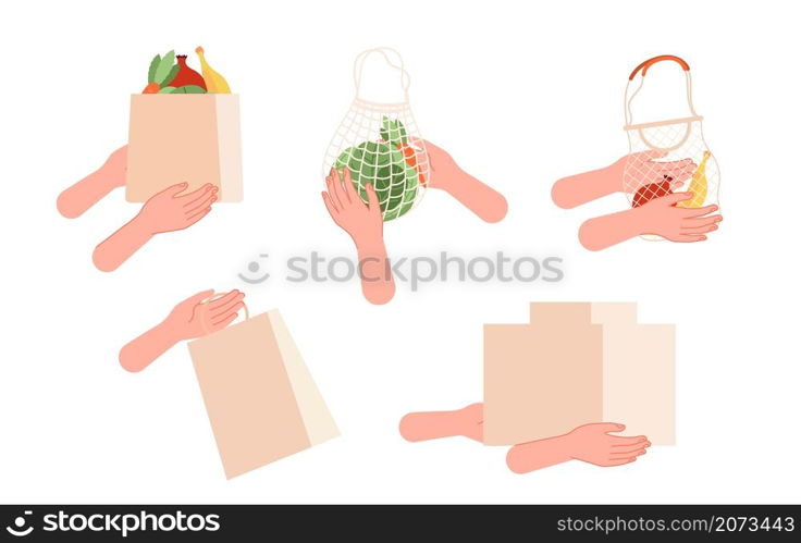 Hand with shopping bags. Delivery, food purchase or parcels. Online shopping metaphor, isolated hands holding packs vector set. Illustration food purchase, delivery courier service. Hand with shopping bags. Delivery, food purchase or parcels. Online shopping metaphor, isolated hands holding packs vector set