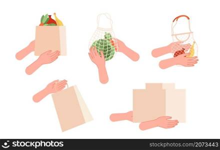 Hand with shopping bags. Delivery, food purchase or parcels. Online shopping metaphor, isolated hands holding packs vector set. Illustration food purchase, delivery courier service. Hand with shopping bags. Delivery, food purchase or parcels. Online shopping metaphor, isolated hands holding packs vector set