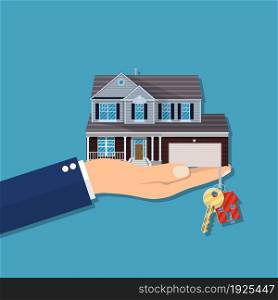 Hand with small house and keys, Buying or selling a house, real estate. vector illustration in flat style. Hand with house and keys