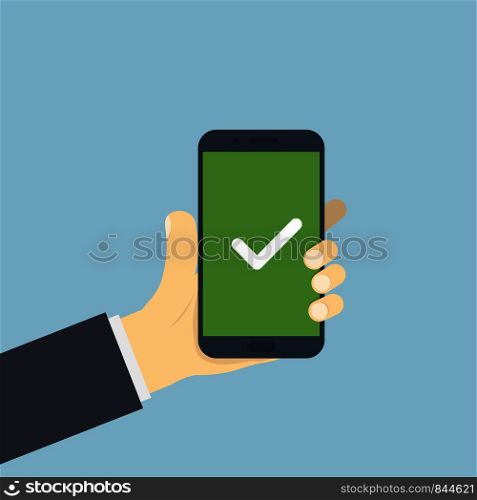 Hand with smartphone green screen with check mark done work application for devise on blue background. EPS 10. Hand with smartphone green screen with check mark done work application for devise on blue background.