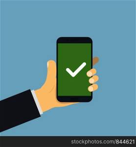 Hand with smartphone green screen with check mark done work application for devise on blue background. EPS 10. Hand with smartphone green screen with check mark done work application for devise on blue background.