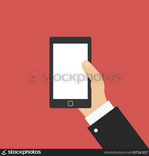 Hand with smartphone. Icon in flat design isolated. Vector illustration