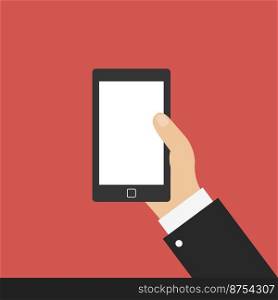 Hand with smartphone. Icon in flat design isolated. Vector illustration