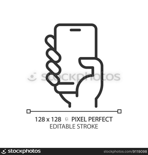 Hand with smartphone pixel perfect linear icon. Person holding cell phone. Mobile device for communication. Thin line illustration. Contour symbol. Vector outline drawing. Editable stroke. Hand with smartphone pixel perfect linear icon