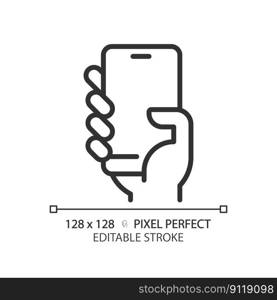 Hand with smartphone pixel perfect linear icon. Person holding cell phone. Mobile device for communication. Thin line illustration. Contour symbol. Vector outline drawing. Editable stroke. Hand with smartphone pixel perfect linear icon