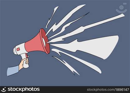 Hand with speaking loudly megaphone. Vector concept illustration of advertisement promotional marketing speaker.. Hand with speaking loudly megaphone.