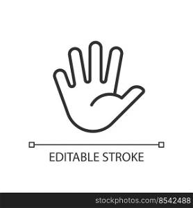 Hand with splayed fingers pixel perfect linear icon. Non verbal communication. Body language. Thin line illustration. Contour symbol. Vector outline drawing. Editable stroke. Arial font used. Hand with splayed fingers pixel perfect linear icon