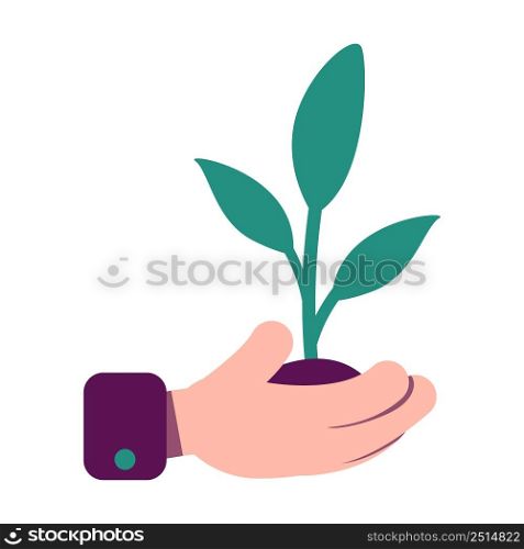 Hand with sprout semi flat color vector object. Ecosystem conservation. Full sized item on white. Agricultural ecology. Simple cartoon style illustration for web graphic design and animation. Hand with sprout semi flat color vector object
