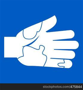 Hand with stains icon white isolated on blue background vector illustration. Hand with stains icon white