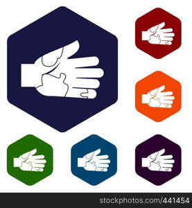 Hand with stains icons set hexagon isolated vector illustration. Hand with stains icons set hexagon