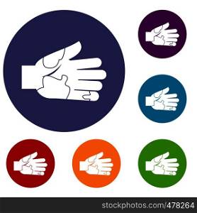 Hand with stains icons set in flat circle red, blue and green color for web. Hand with stains icons set