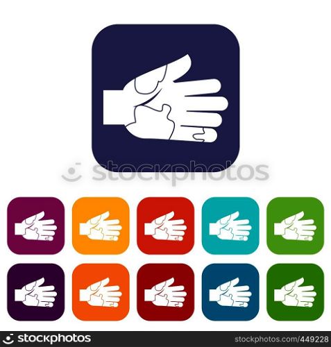 Hand with stains icons set vector illustration in flat style In colors red, blue, green and other. Hand with stains icons set flat