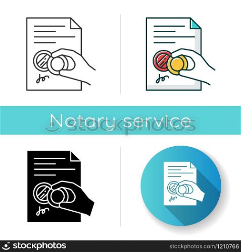 Hand with stamp icon. Certificate. Notarized document. Apostille and legalization. License. Contract. Legal agreement. Notary services. Linear black and RGB color styles. Isolated vector illustrations