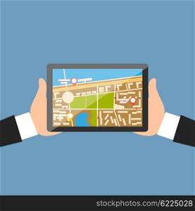Hand with tablet navigation design. Gps and map, navigation map, gps mobile navigation tablet, technology internet gps device, device screen and communication vector illustration