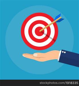 Hand with target and arrow. Business concept. Vector illustration in flat style. Hand with target and arrow. Business concept