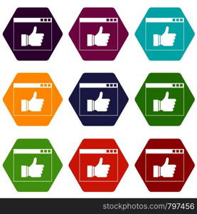 Hand with thumb up in browser icon set many color hexahedron isolated on white vector illustration. Hand with thumb up in browser icon set color hexahedron