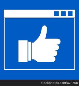 Hand with thumb up in browser icon white isolated on blue background vector illustration. Hand with thumb up in browser icon white
