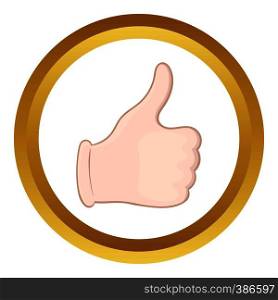 Hand with thumb up vector icon in golden circle, cartoon style isolated on white background. Hand with thumb up vector icon