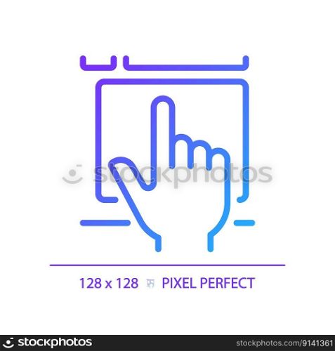 Hand with touchpad pixel perfect gradient linear vector icon. Finger touching controller surface. Digital technology. Thin line color symbol. Modern style pictogram. Vector isolated outline drawing. Hand with touchpad pixel perfect gradient linear vector icon