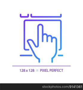 Hand with touchpad pixel perfect gradient linear vector icon. Finger touching controller surface. Digital technology. Thin line color symbol. Modern style pictogram. Vector isolated outline drawing. Hand with touchpad pixel perfect gradient linear vector icon