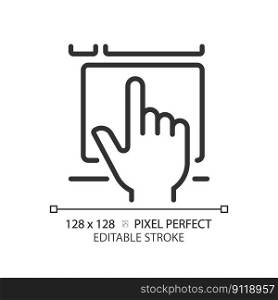 Hand with touchpad pixel perfect linear icon. Finger touching controller surface. Digital technology development. Thin line illustration. Contour symbol. Vector outline drawing. Editable stroke. Hand with touchpad pixel perfect linear icon