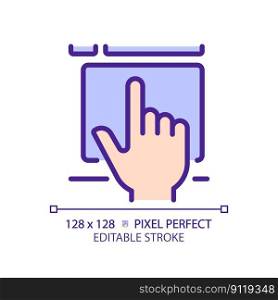 Hand with touchpad pixel perfect RGB color icon. Finger touching controller surface. Digital technology development. Isolated vector illustration. Simple filled line drawing. Editable stroke. Hand with touchpad pixel perfect RGB color icon