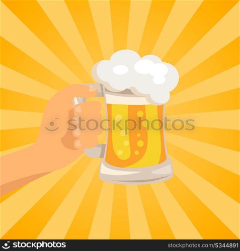 Hand with Traditional Glass of Beer with Foam. Hand with traditional glass of beer with white foam and bubbles vector on background with rays. Light alcoholic beverage in transparent mug with handle