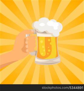 Hand with Traditional Glass of Beer with Foam. Hand with traditional glass of beer with white foam and bubbles vector on background with rays. Light alcoholic beverage in transparent mug with handle