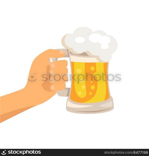 Hand with Traditional Glass of Beer with Foam. Hand with traditional glass of beer with white foam and bubbles vector isoated illustration. Light alchoholic beverage in transparent mug with handle