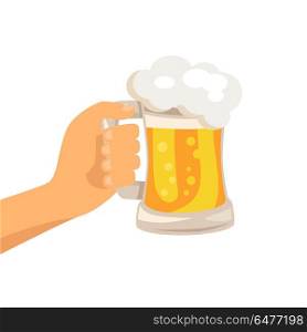 Hand with Traditional Glass of Beer with Foam. Hand with traditional glass of beer with white foam and bubbles vector isoated illustration. Light alchoholic beverage in transparent mug with handle