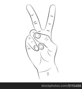 Hand with two fingers raised up on a white background.