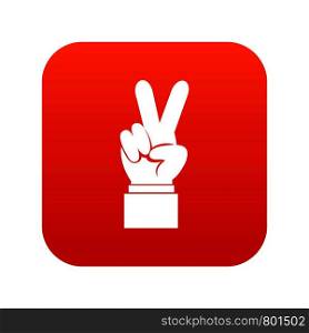 Hand with victory sign icon digital red for any design isolated on white vector illustration. Hand with victory sign icon digital red