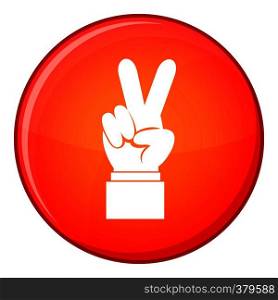 Hand with victory sign icon in red circle isolated on white background vector illustration. Hand with victory sign icon, flat style