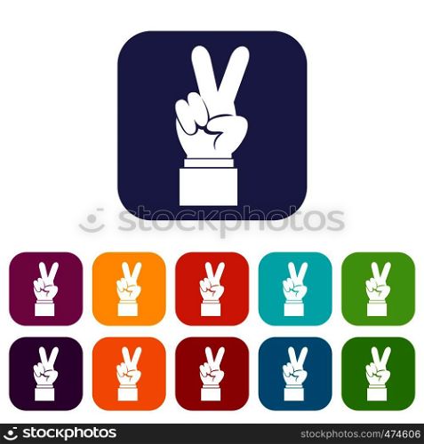 Hand with victory sign icons set vector illustration in flat style In colors red, blue, green and other. Hand with victory sign icons set