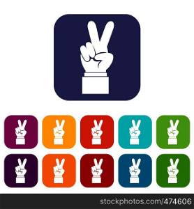 Hand with victory sign icons set vector illustration in flat style In colors red, blue, green and other. Hand with victory sign icons set