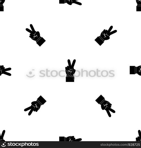 Hand with victory sign pattern repeat seamless in black color for any design. Vector geometric illustration. Hand with victory sign pattern seamless black